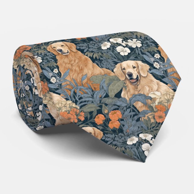 Golden Retrievers in William Morris Style Garden Tie (Rolled)