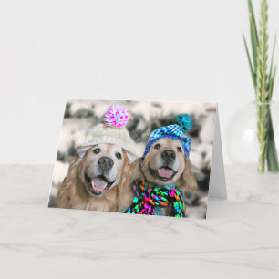 Golden Retrievers in Winter Hats Holiday Christmas Card