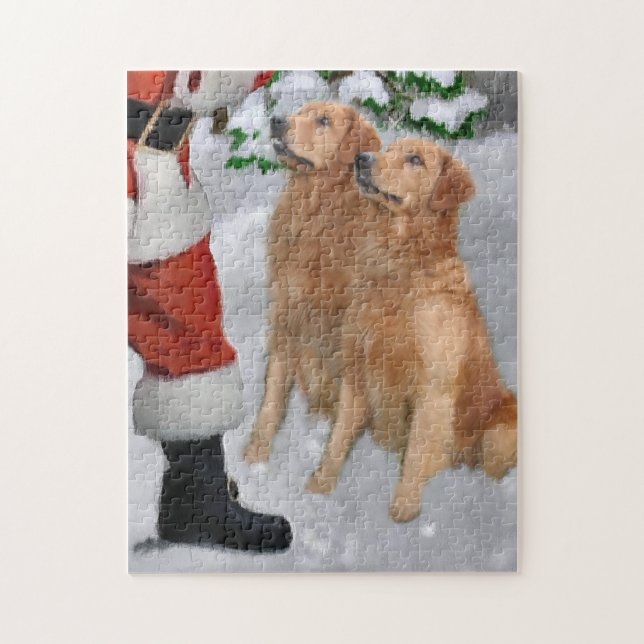 Golden Retrievers Meet Santa Christmas Card Jigsaw Puzzle (Vertical)