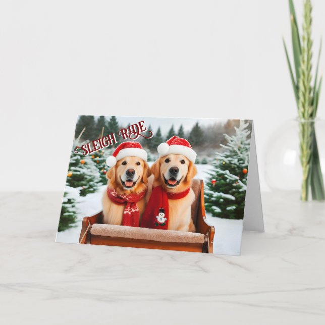 Golden Retrievers Sleigh Ride Christmas Card (Front)