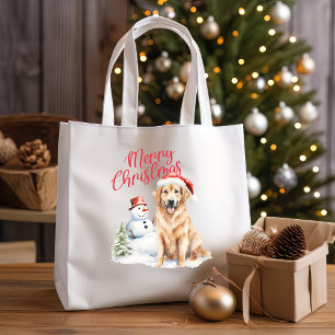 GOLDEN RETRIVER SANTA HAT MERRY CHRISTMAS TOTE BAG
