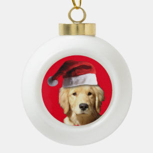 Golden Retriver wearing a Santa Claus hat for Chri Ceramic Ball Christmas Ornament