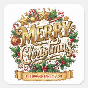 Golden Retro Merry Christmas Family Name Square Sticker
