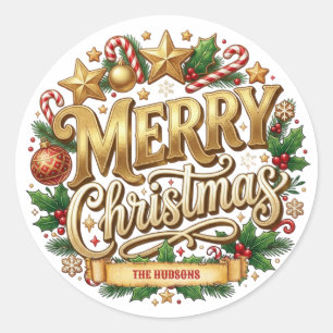 Golden Retro Merry Christmas Family Stickers