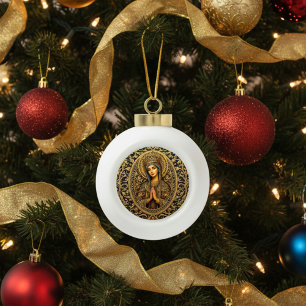 Golden Reverence Virgin Mary Ceramic Ball Christmas Ornament
