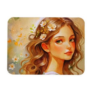 Golden Reverie: Watercolor Portrait  Magnet