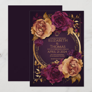 Golden Ring with Roses Dark Purple and Brown Sugar Invitation