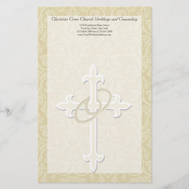 Golden Rings with Cross, Elegant Christian Love Stationery (Front)