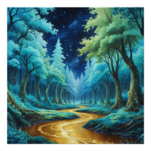 Golden River in Forest of Fantasy - Magic Landscap Poster