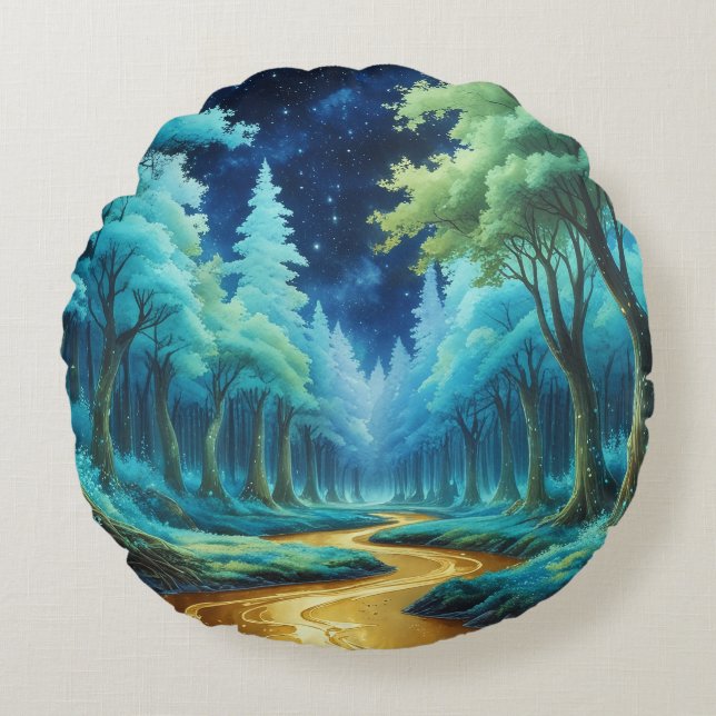 Golden River in Forest of Fantasy Round Cushion (Front)