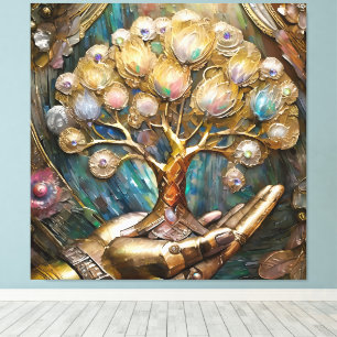 Golden Robot Hand Holding Gold Tree Of Life Canvas Print