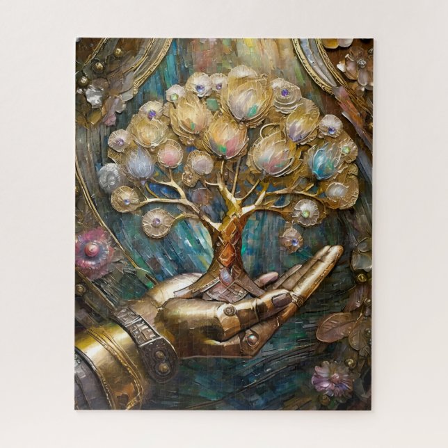 Golden Robot Hand Holding Gold Tree Of Life Jigsaw Puzzle (Vertical)