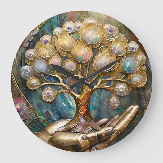 Golden Robot Hand Holding Gold Tree Of Life Large Clock (Front)