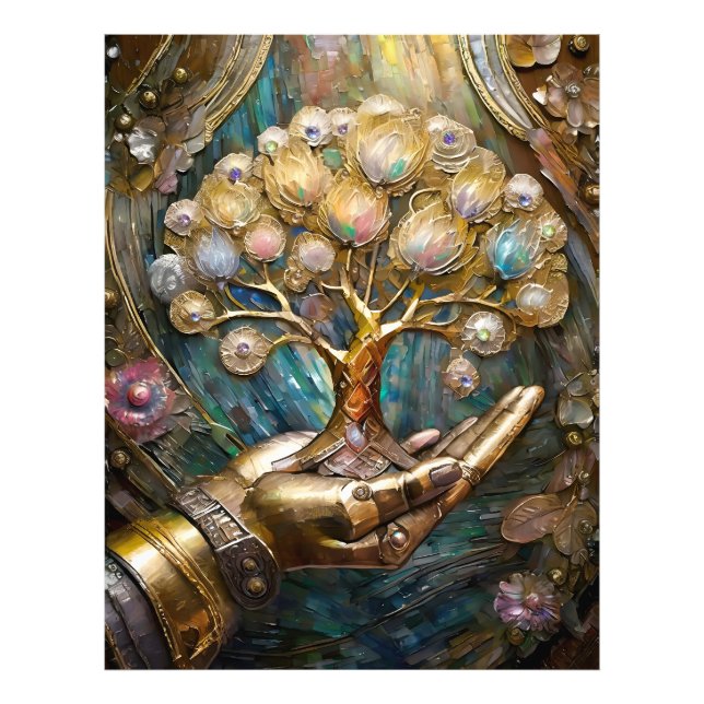 Golden Robot Hand Holding Gold Tree Of Life Photo Print (Front)