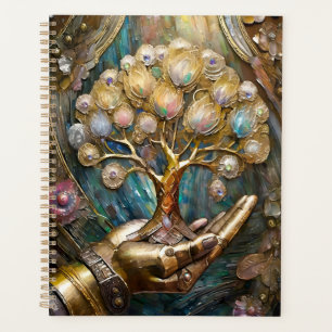 Golden Robot Hand Holding Gold Tree Of Life Planner