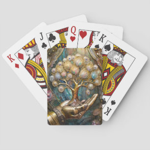 Golden Robot Hand Holding Gold Tree Of Life Playing Cards