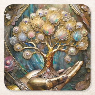Golden Robot Hand Holding Gold Tree Of Life Square Paper Coaster