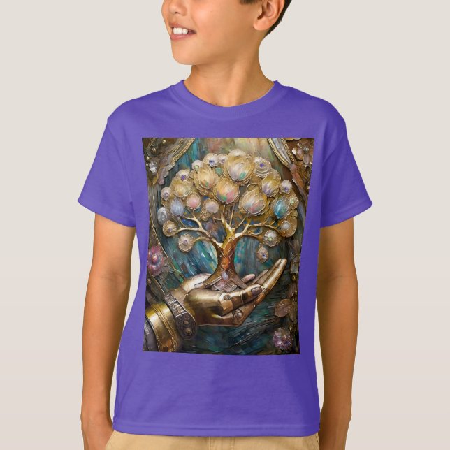 Golden Robot Hand Holding Gold Tree Of Life T-Shirt (Front)