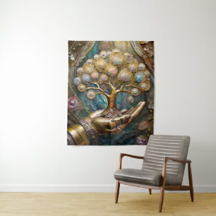 Golden Robot Hand Holding Gold Tree Of Life Tapestry