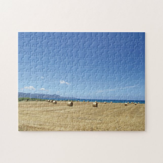 Golden Rolls of Hay and Deep Blue Sea Design Jigsaw Puzzle (Horizontal)