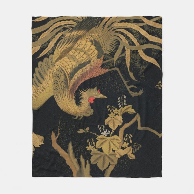 Golden Rooster Bird Japanese Classic Antique Fleece Blanket (Front)
