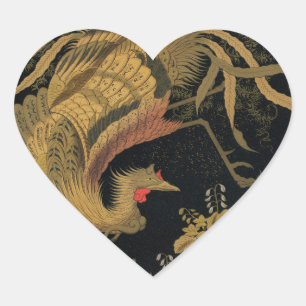 Golden Rooster Bird Japanese Classic Antique Heart Sticker