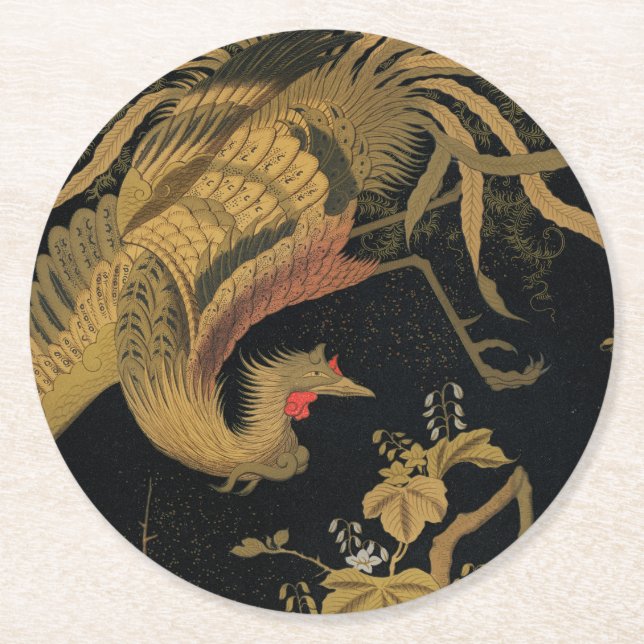 Golden Rooster Bird Japanese Classic Antique Round Paper Coaster (Front)