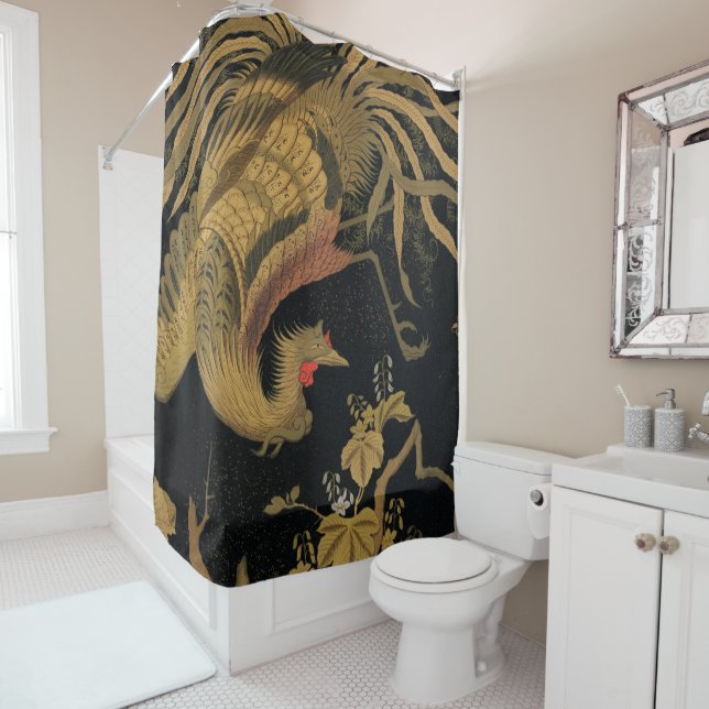 Golden Rooster Bird Japanese Classic Antique Shower Curtain (In Situ)