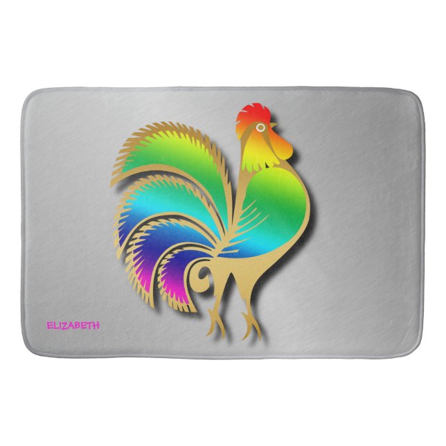Golden Rooster Bird With Rainbow Feathers And Tail Bath Mat (Front)