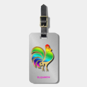 Golden Rooster Bird With Rainbow Feathers And Tail Luggage Tag