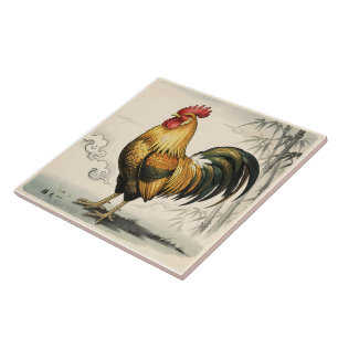 Golden rooster Japanese art Tile