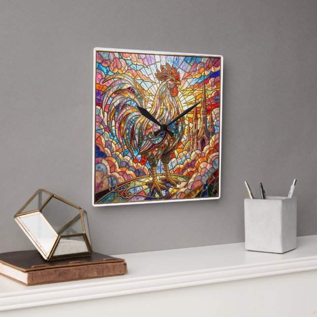 Golden Rooster of Light Crowing mosaic  Square Wall Clock (Office)