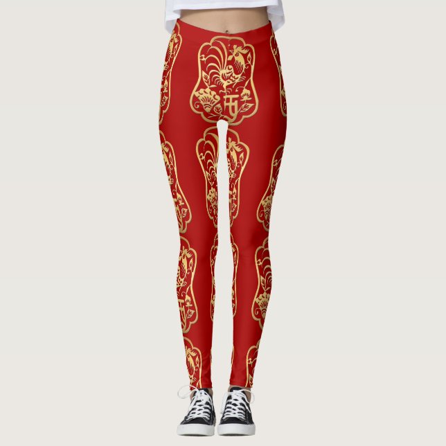 Golden Rooster Year 2017 Papercut Red leggings (Front)