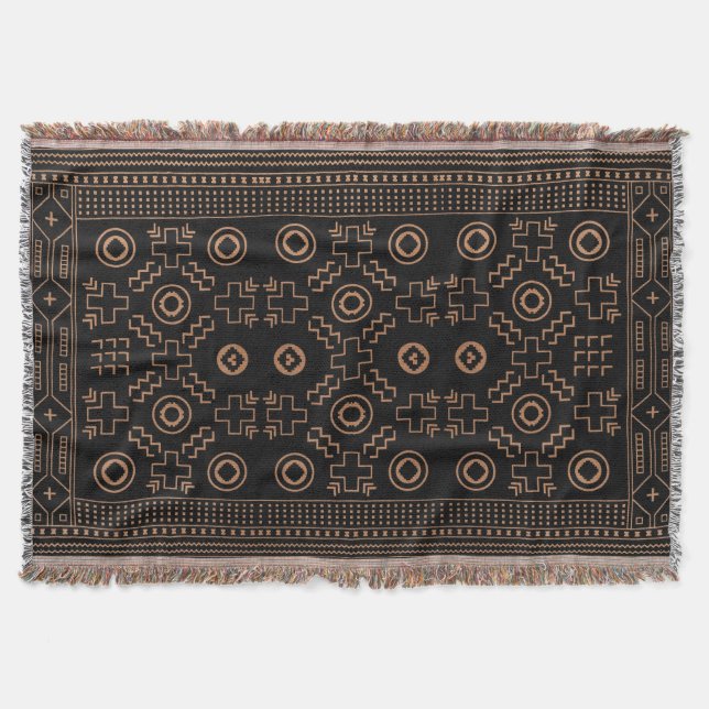 Golden Roots: Black & Tribal Moroccan Elegance Throw Blanket (Front)