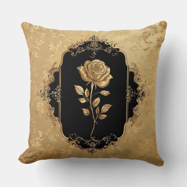 Golden Rose Artwork with Ornate Decorative Element Cushion (Front)