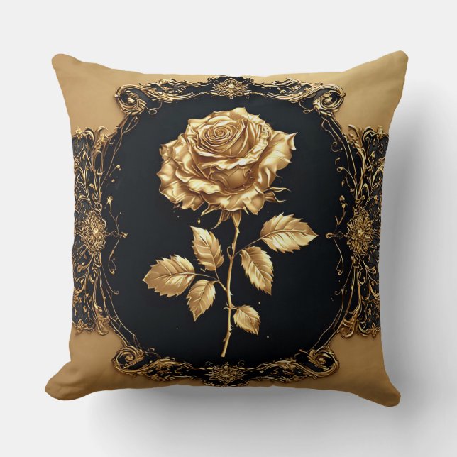 Golden Rose Artwork with Ornate Decorative Element Cushion (Front)