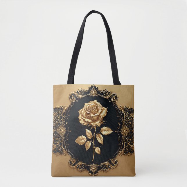 Golden Rose Artwork with Ornate Decorative Element Tote Bag (Front)