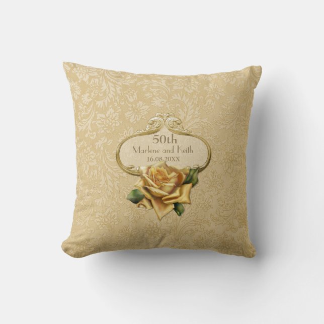 Golden Rose Damask 50th Wedding Anniversary Pillow (Front)