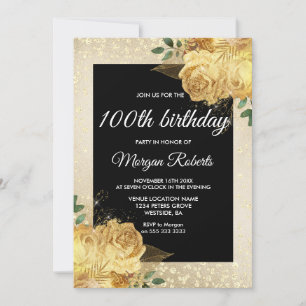 Golden Rose Glitter Floral 100th Birthday Party Invitation