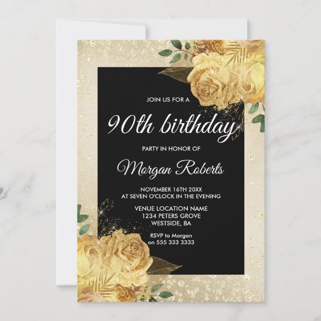 Golden Rose Glitter Floral 90th Birthday Party Invitation (Front)