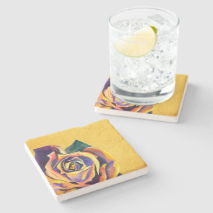 Golden Rose Gothic watercolor art Stone Coaster