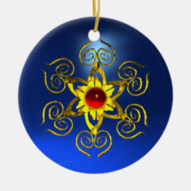 GOLDEN ROSE RUBY Blue Sapphire Ceramic Tree Decoration (Front)