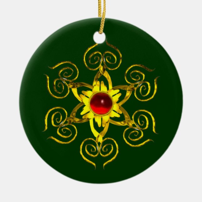 GOLDEN ROSE RUBY ,Green and white Ceramic Tree Decoration (Front)
