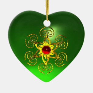 GOLDEN ROSE RUBY ,Green Emerald Heart Ceramic Tree Decoration