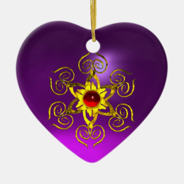 GOLDEN ROSE RUBY ,Purple Amethyst Heart Ceramic Tree Decoration (Front)