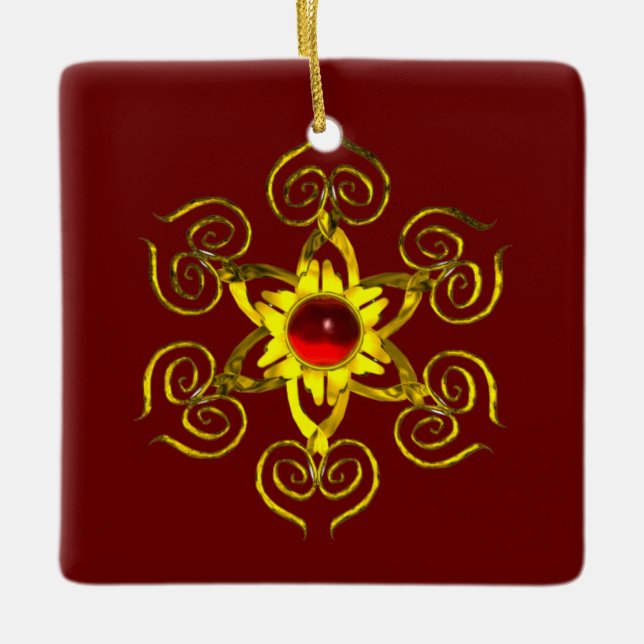 GOLDEN ROSE RUBY ,Red and Blue Ceramic Ornament (Front)