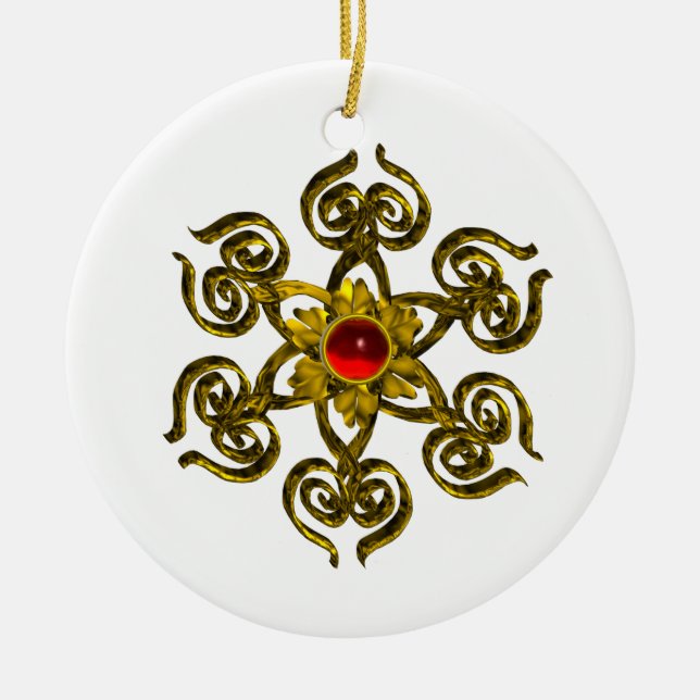 GOLDEN ROSE RUBY ,white Ceramic Tree Decoration (Front)