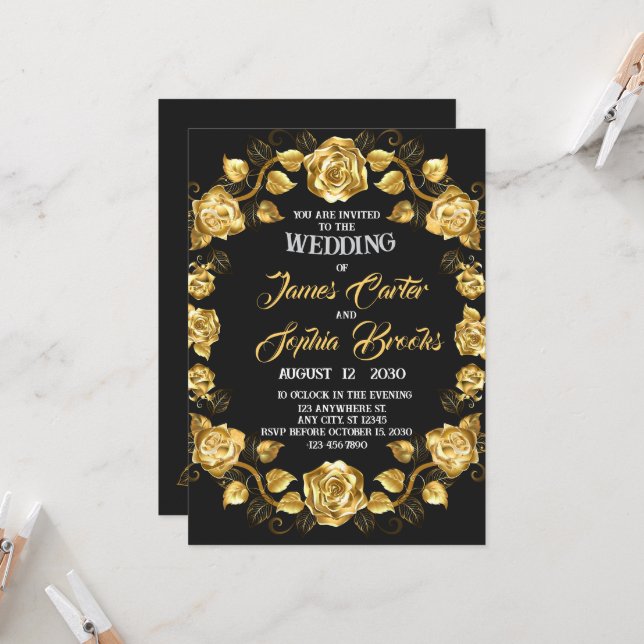 Golden rose wedding invitation (Front/Back In Situ)