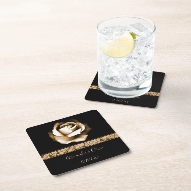 Golden Rose Wedding Square Paper Coaster (Insitu)