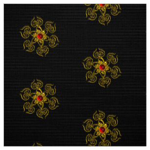 GOLDEN ROSE WITH RED RUBY Black Pattern Fabric